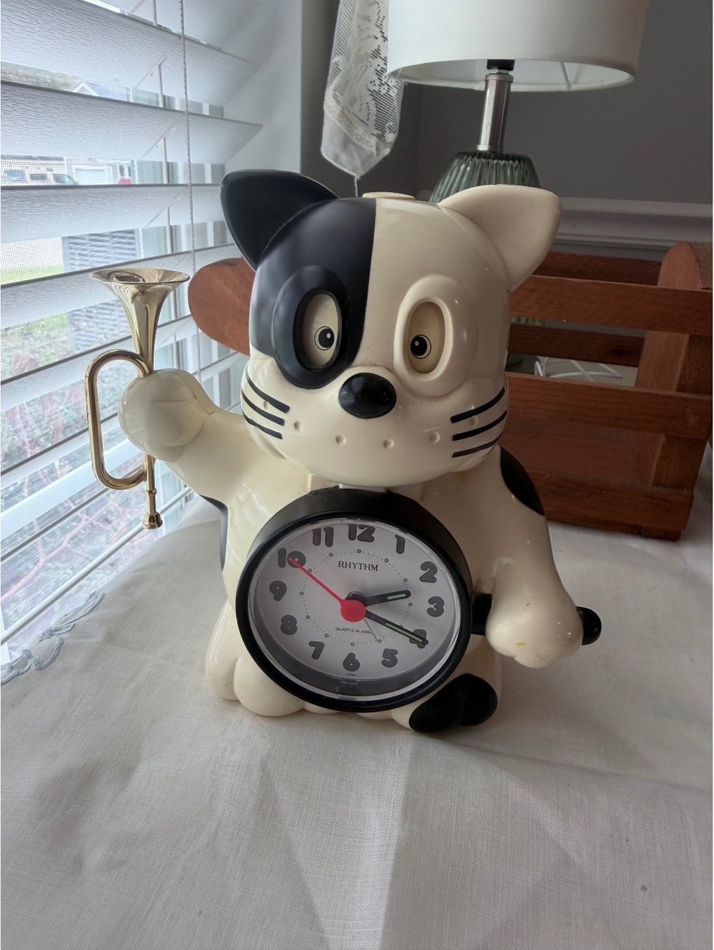 Vintage Rhythm Norakuro Dog Bugle Alarm Clock Black White WORKING